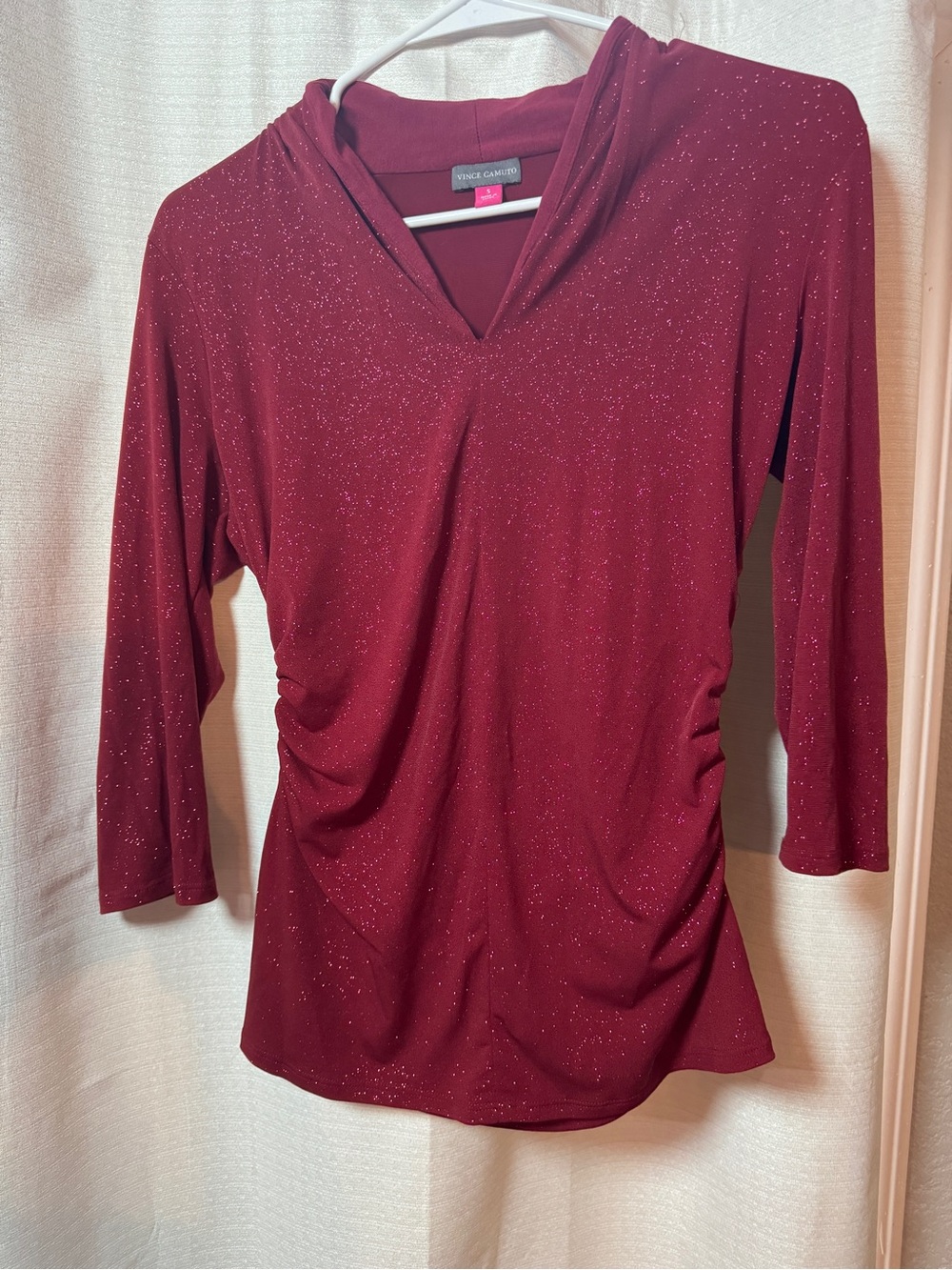 Vince Camuto Sparkle Burgundy V-Neck Ruched Long Sleeve Top